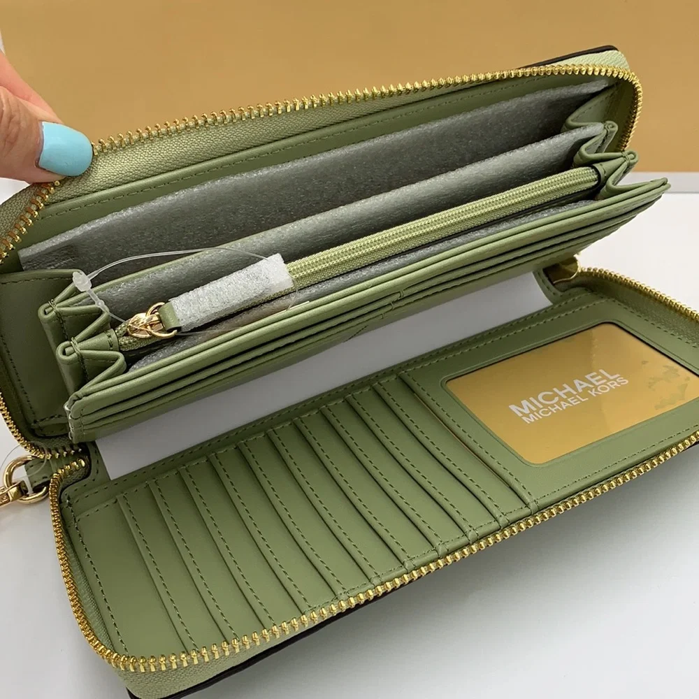 MICHAEL KORS Leather Continental Wristlet Phone Case Wallet Light Sage NWT